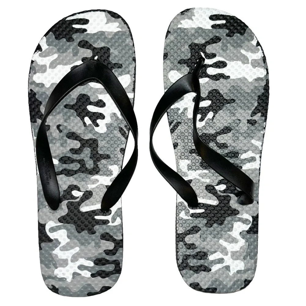 Black white and gray camouflage flip flops